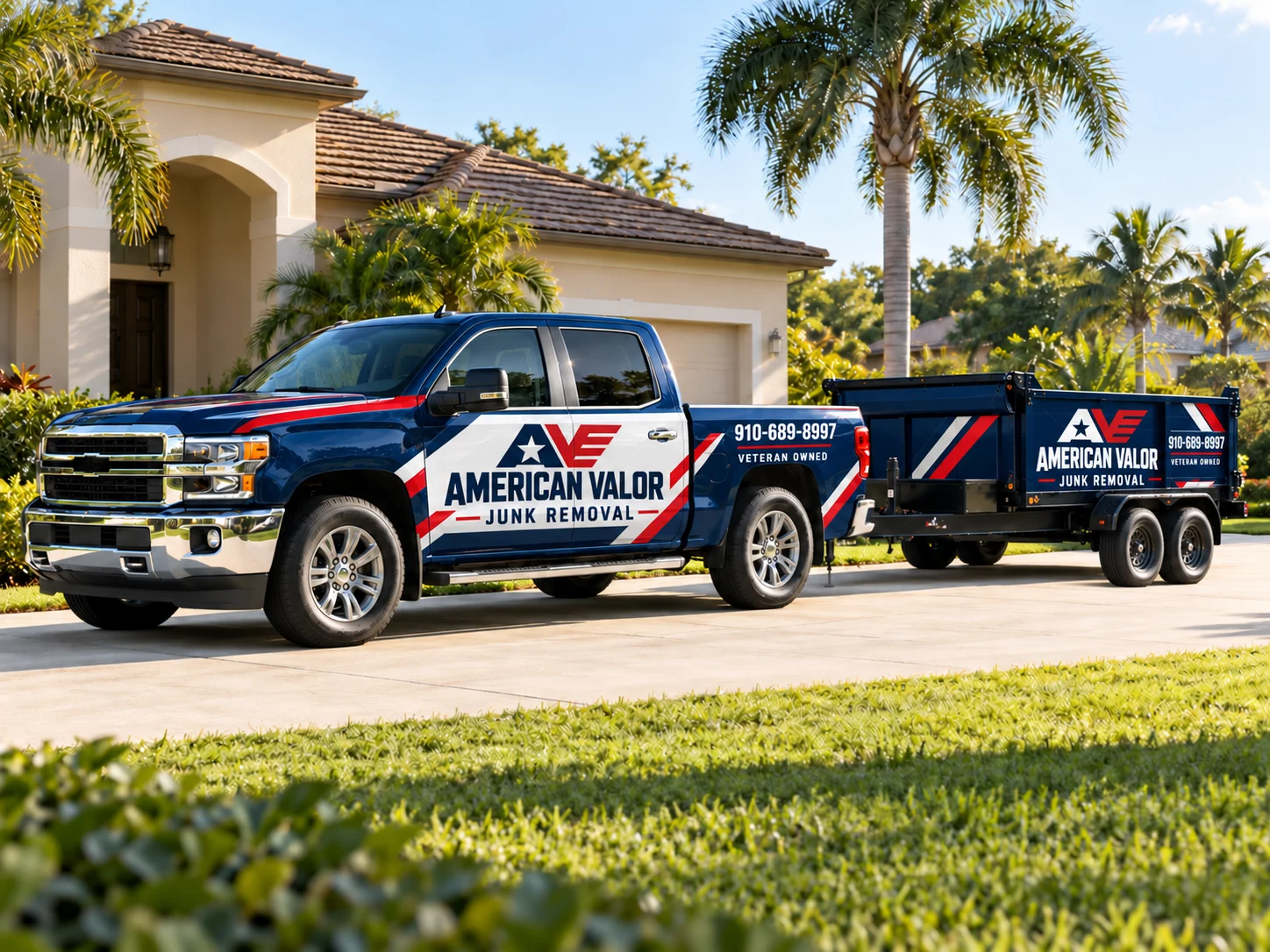 Pickup truck and dump trailer wrapped in American Valor Junk Removal branding on a residential driveway