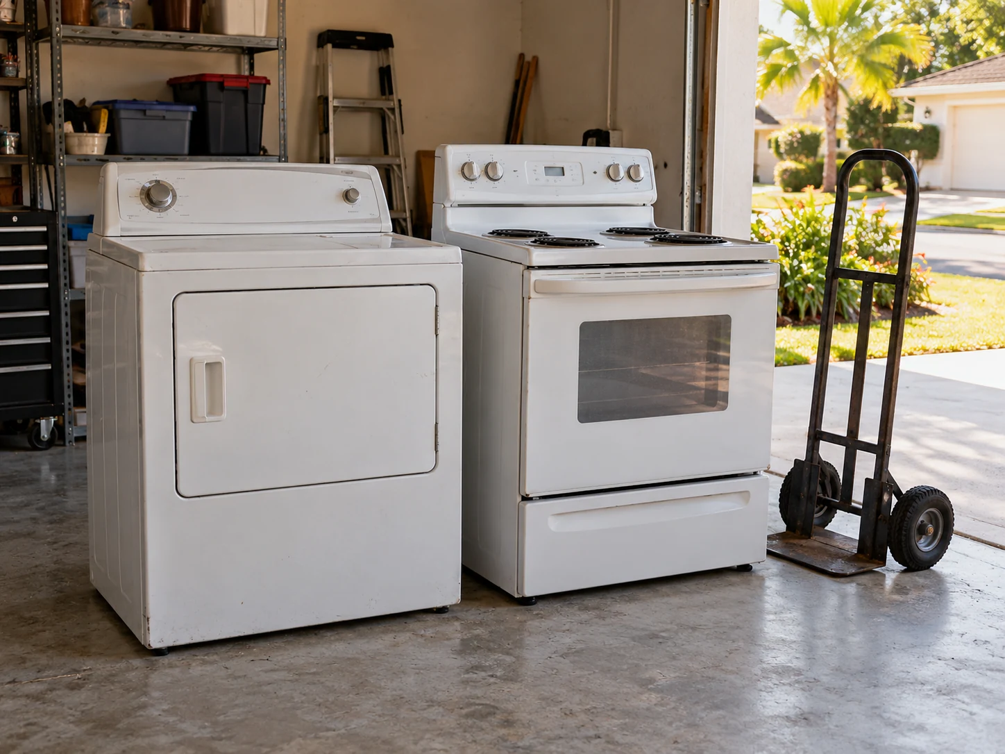 Used dryer and stove beside a hand truck in an open garage
