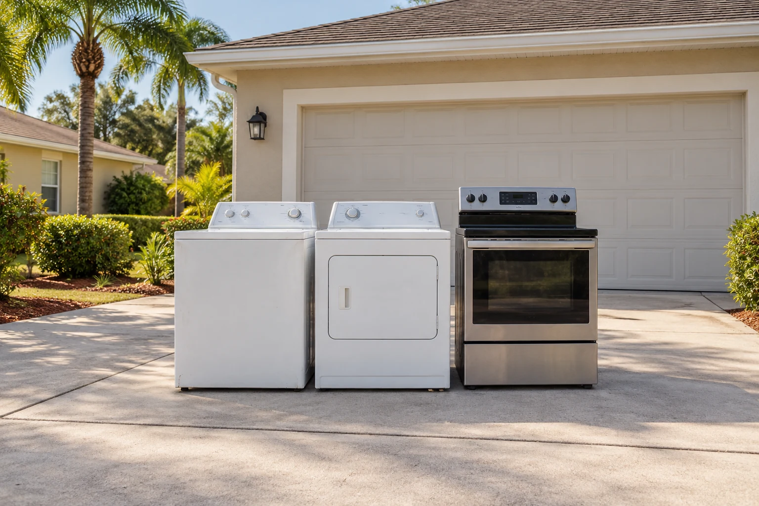 Washing machine, dryer and stove on a residential driveway