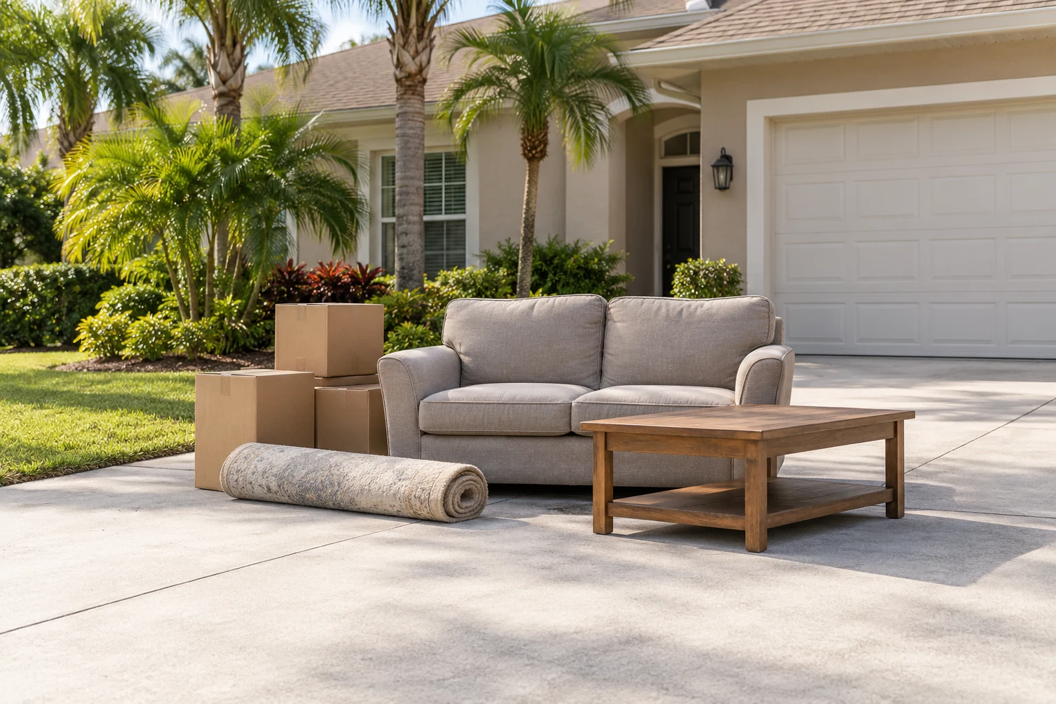 Household furniture and boxes on a neutral Florida-style driveway