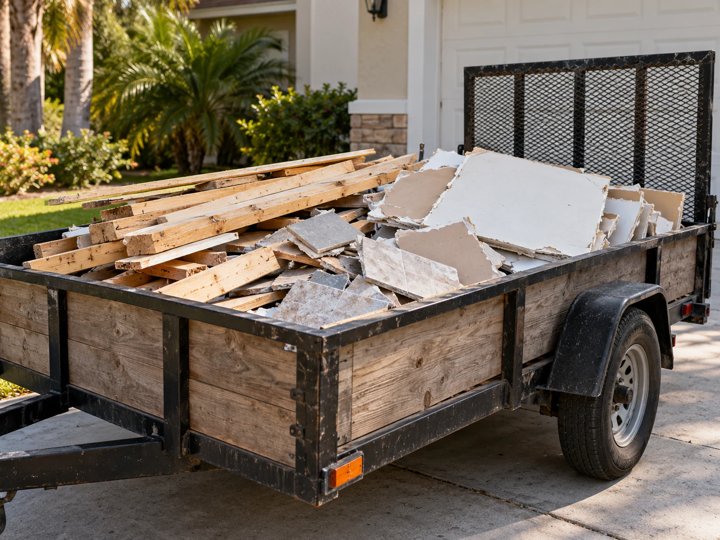 Utility trailer containing lumber and renovation debris