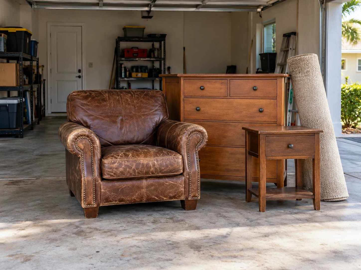 Worn leather armchair, dresser, side table and rolled rug in a garage