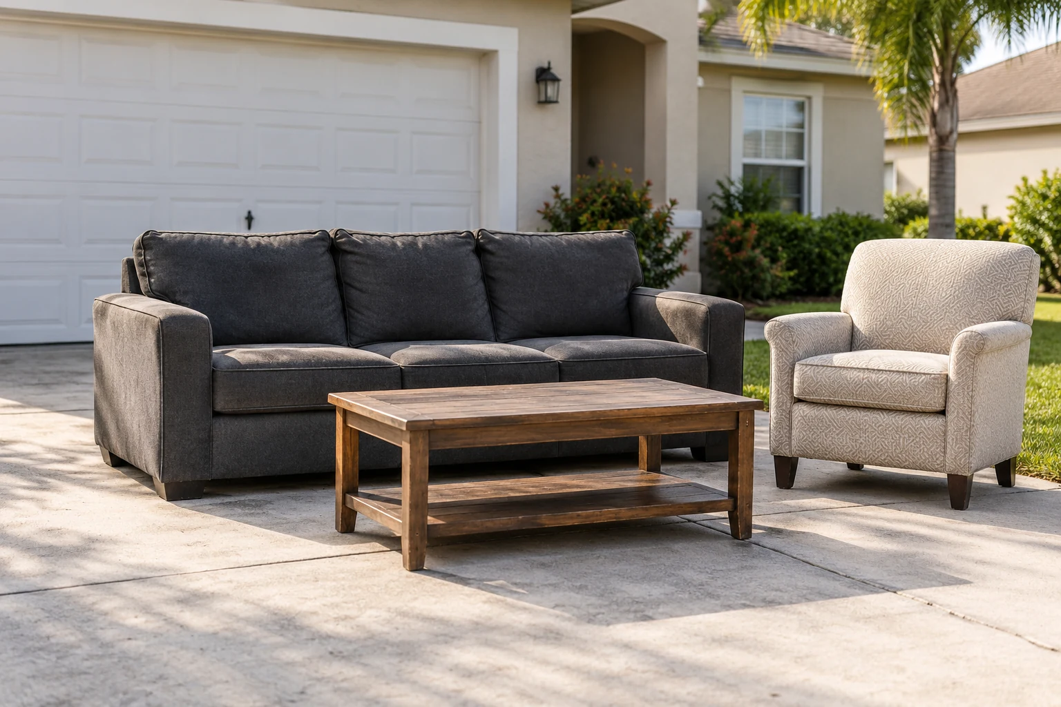 Used sofa, armchair and coffee table on a residential driveway