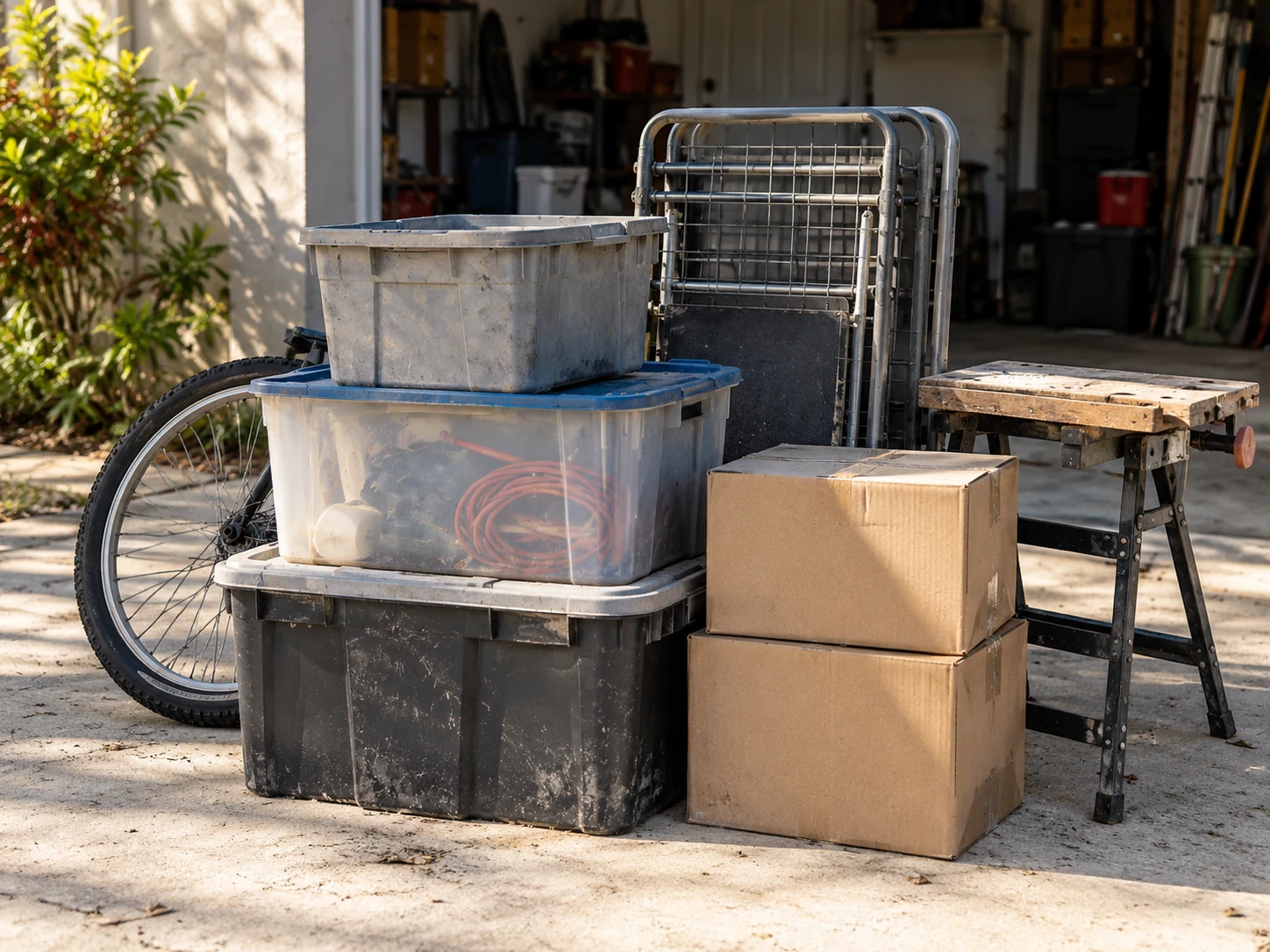 Storage bins, boxes and old garage equipment ready for collection