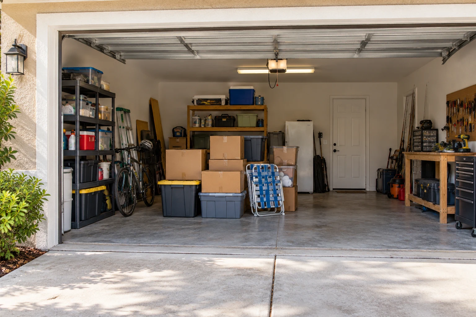 Boxes, storage bins, bicycles and household contents inside a garage