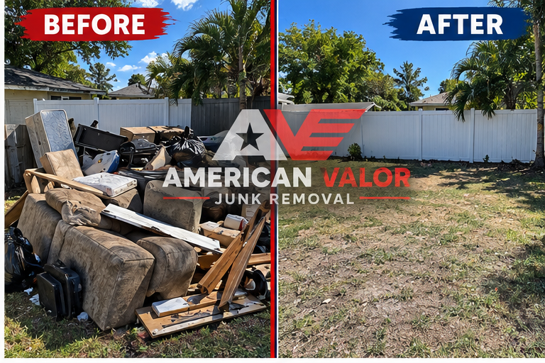 Side-by-side before and after image of a backyard piled with furniture and debris, then cleared, with the American Valor logo across it