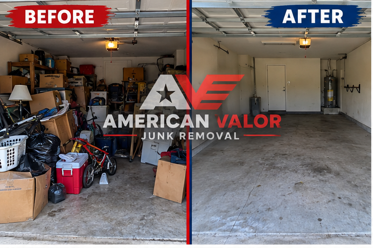 Side-by-side before and after image of a cluttered garage, then emptied, with the American Valor logo across it