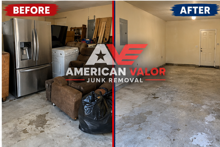 Side-by-side before and after image of a room holding a refrigerator, a washer, recliners and bags, then emptied, with the American Valor logo across it