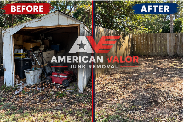 Side-by-side before and after image of a shed area, with the American Valor logo across it