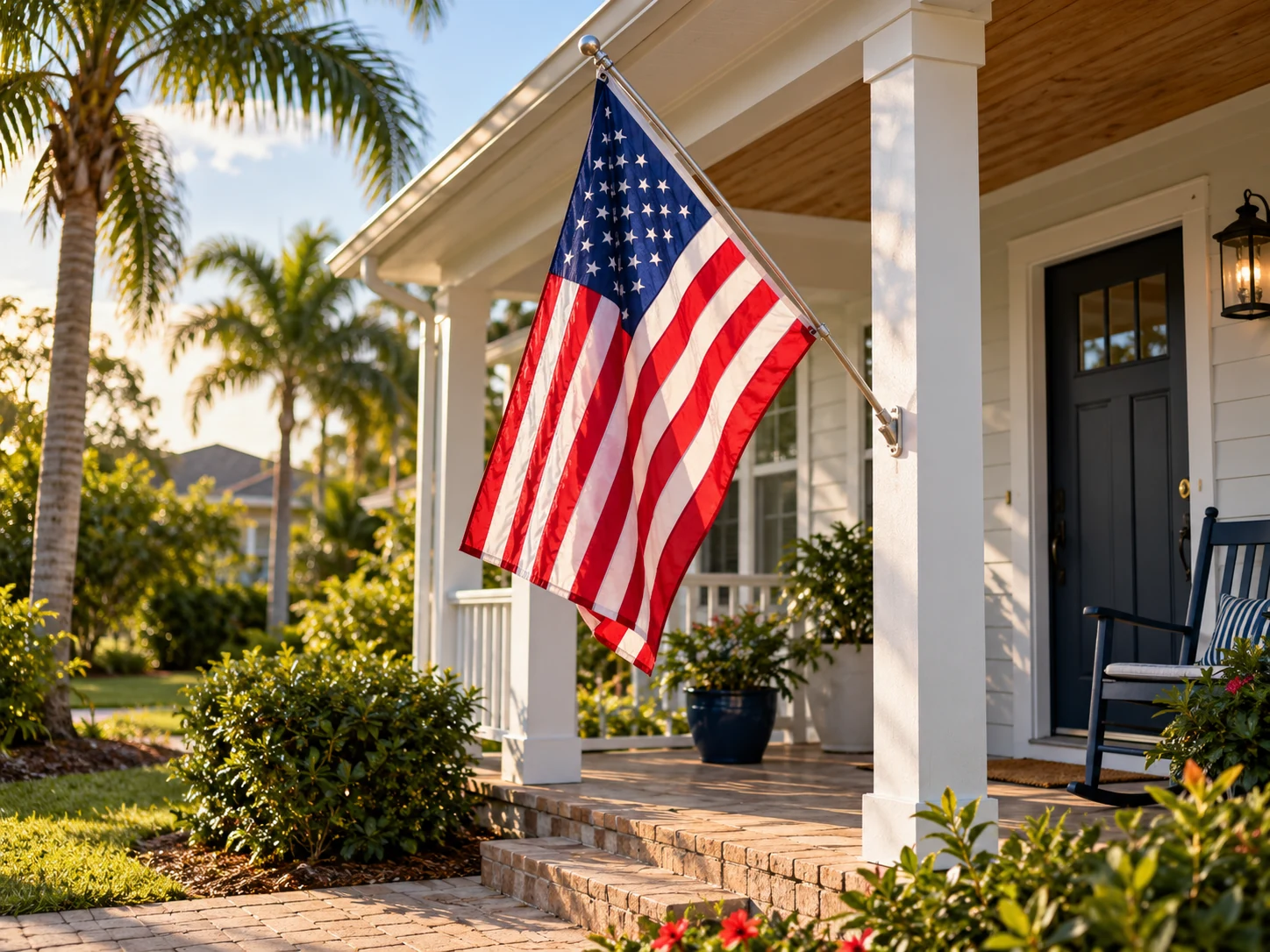 American flag displayed on the porch of a Florida-style home