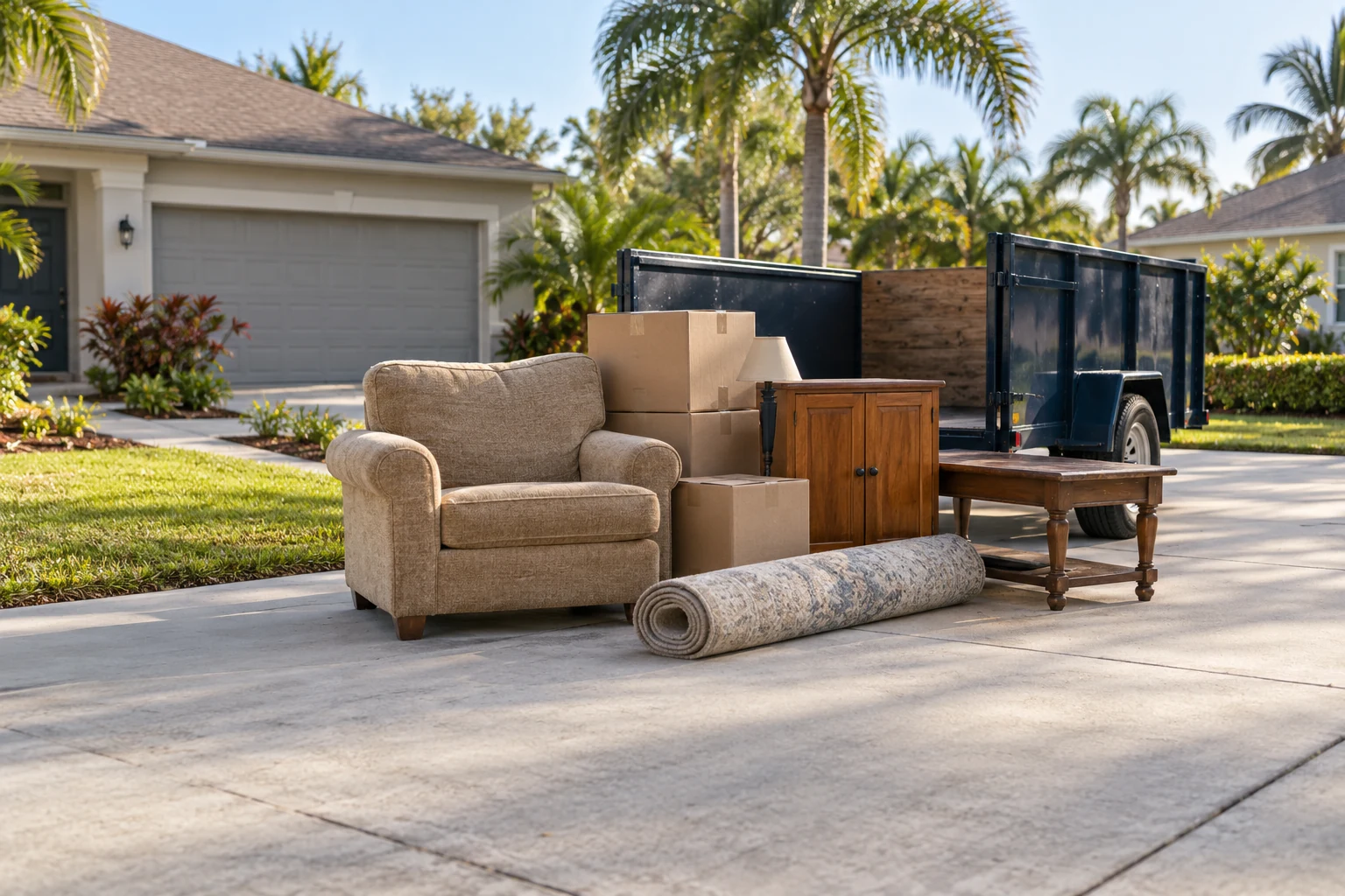 Household furniture and boxes beside a utility trailer
