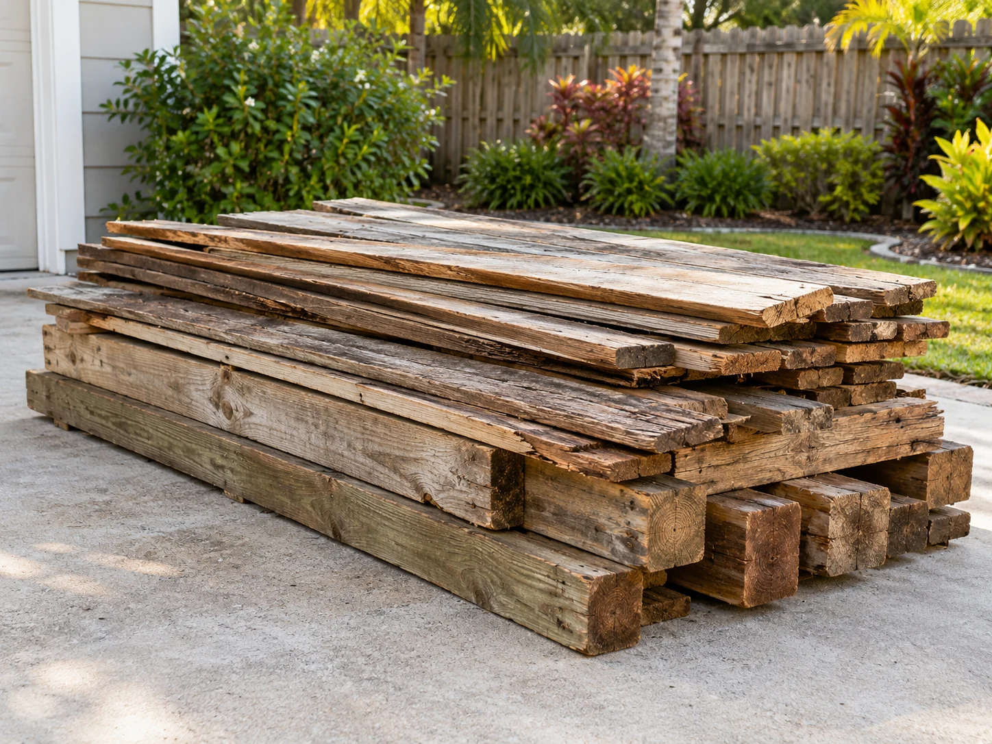 Dismantled wooden planks and framing stacked on a driveway