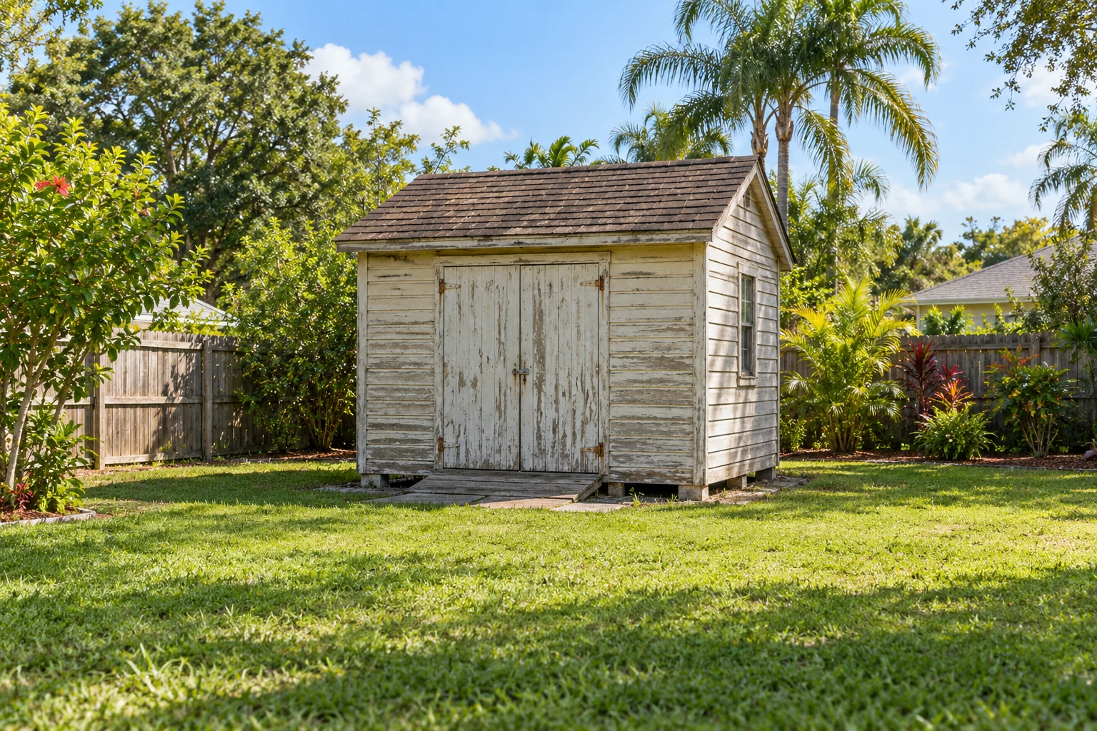 Weathered detached wooden shed in a residential backyard