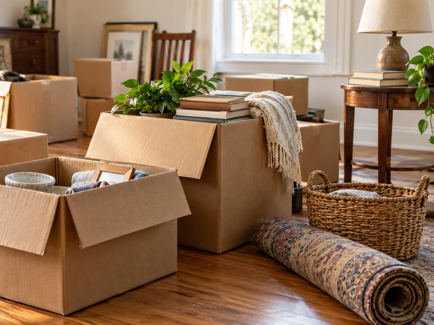 Boxes, books, baskets and household belongings in a residential room