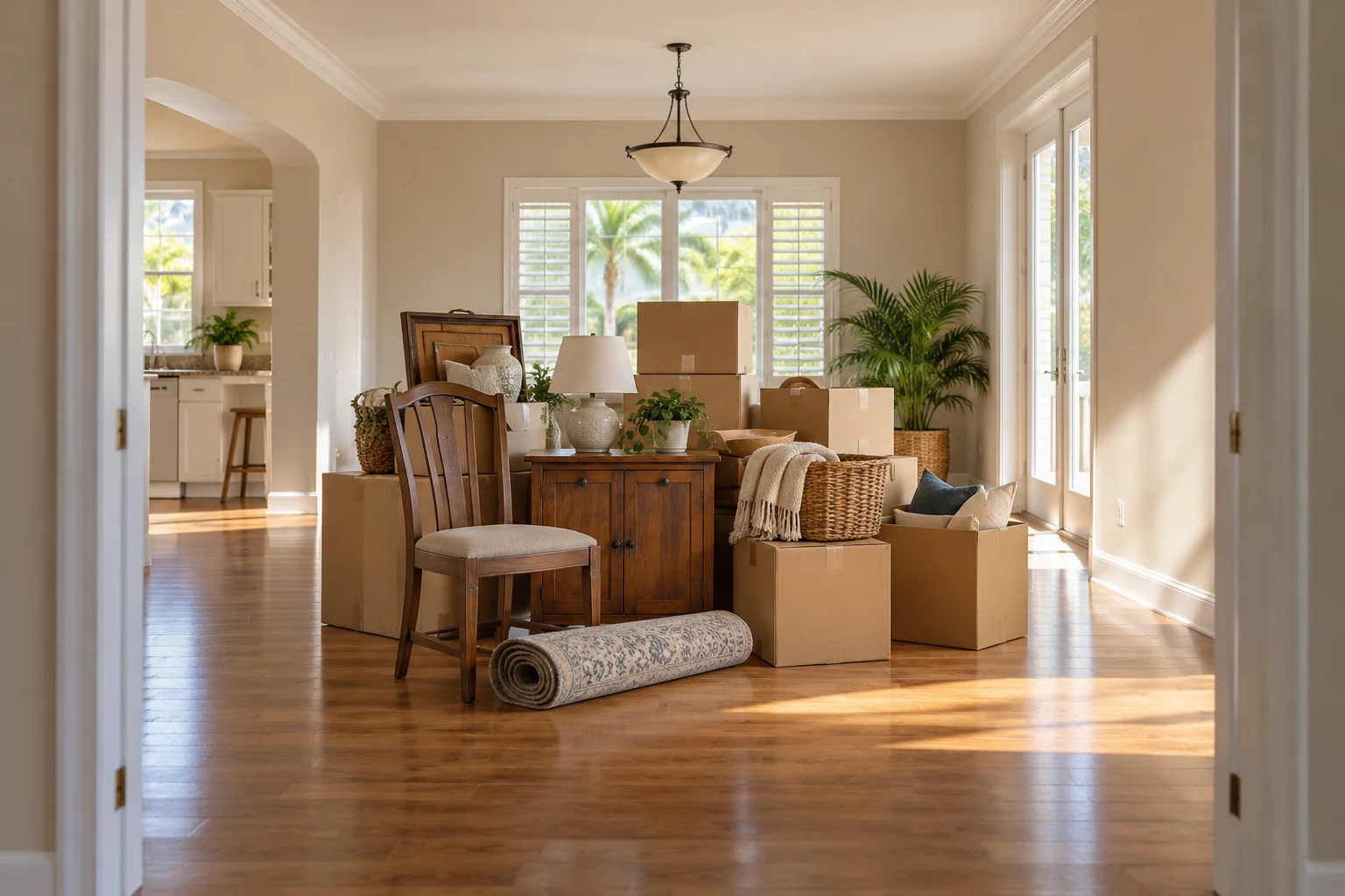 Furniture and boxes grouped in a room for a property cleanout