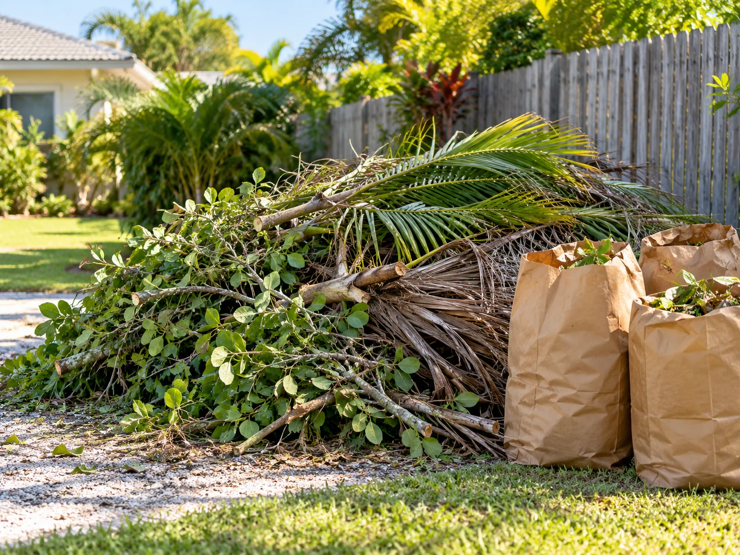 Yard debris and paper bags beside a garden fence
