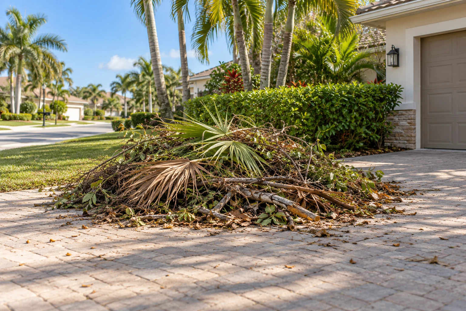 Branches, palm fronds and leaves on a residential driveway